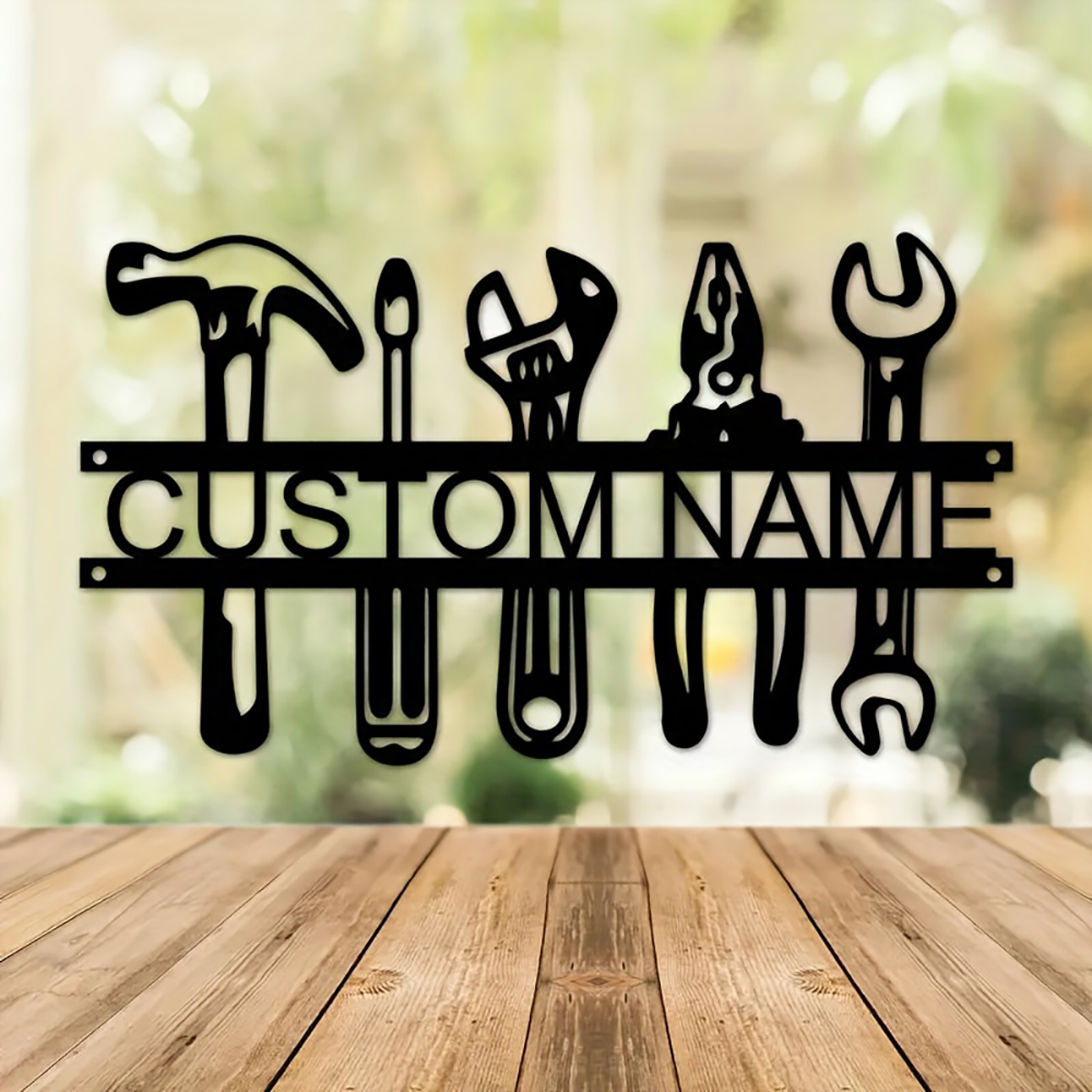 Workshop Tools Name - Özelleştirilmiş İsimli Endüstriyel Tarz Demir Duvar