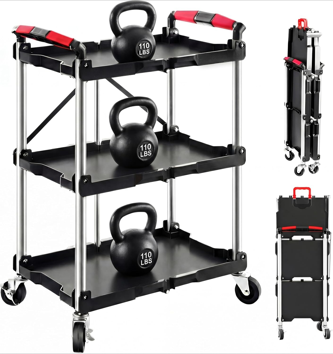 Workshop Tools Storage - 3 Raflı Katlanabilir Tekerlekli Servis Arabası